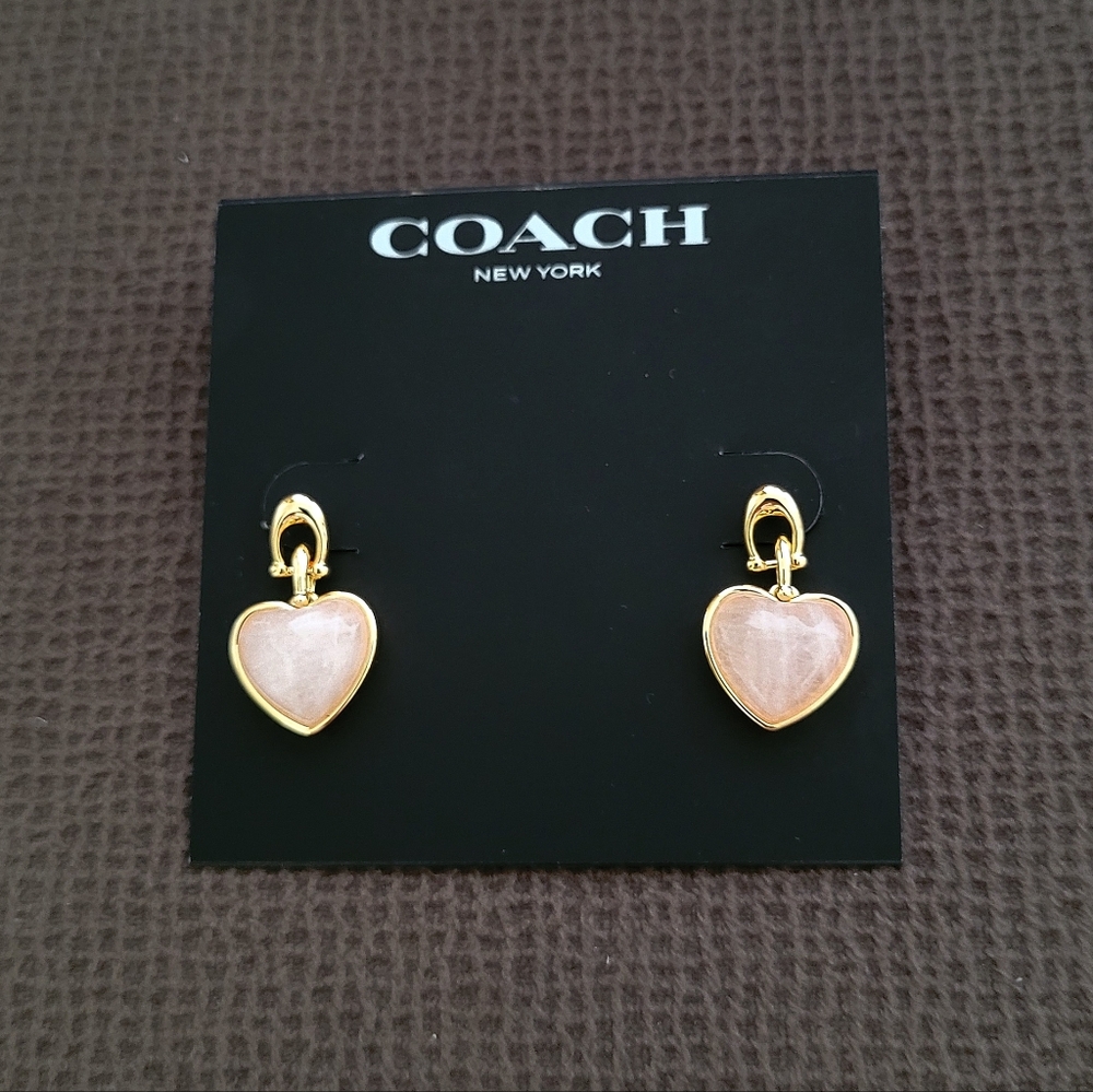 Coach Carved Rose🌹Quartz Heart💕 Drop Earrings - Picture 8 of 12